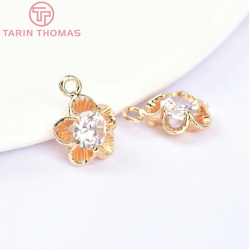 6PCS 11MM 24K Brass Zircon Flower Charms Pendants DIY Jewelry Making Findings