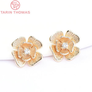 10PCS 11x12MM 24K Brass Zircon Flower Charms Pendants DIY Jewelry Findings