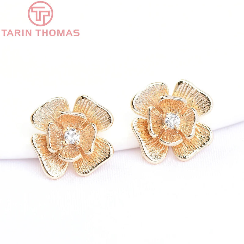 10PCS 11x12MM 24K Brass Zircon Flower Charms Pendants DIY Jewelry Findings