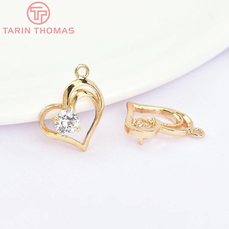 4PCS 11.5x14.5MM 24K Brass Zircon Heart Charms Pendants