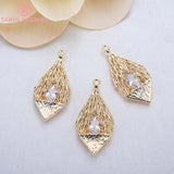 4PCS 14x28MM 24K Plated Brass Zircon Drop Charms Pendants
