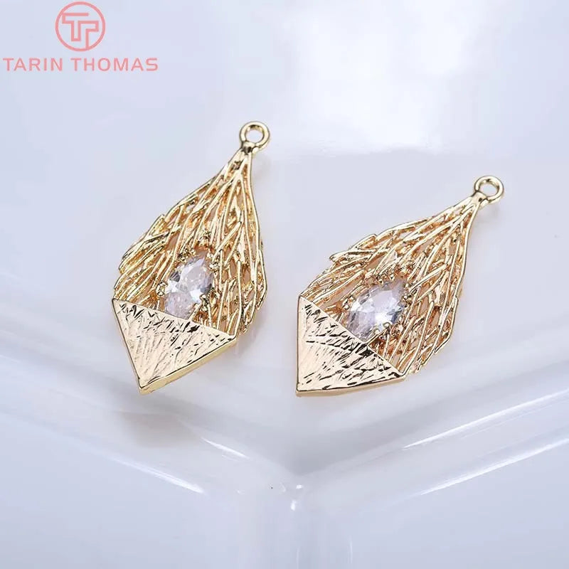 4PCS 14x28MM 24K Plated Brass Zircon Drop Charms Pendants