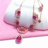 Purple Rose Ruby Water Drop Petals Pendant Necklace 14K Rose Gold