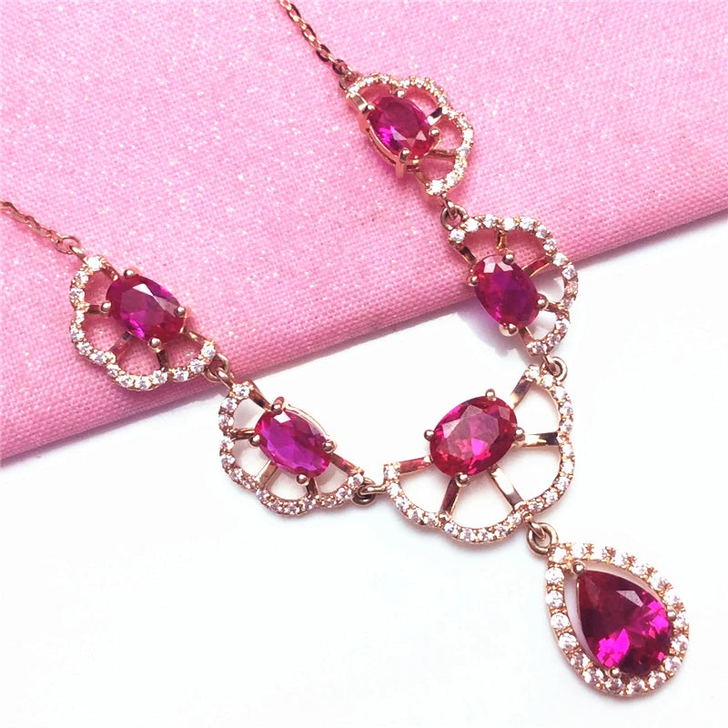 Purple Rose Ruby Water Drop Petals Pendant Necklace 14K Rose Gold