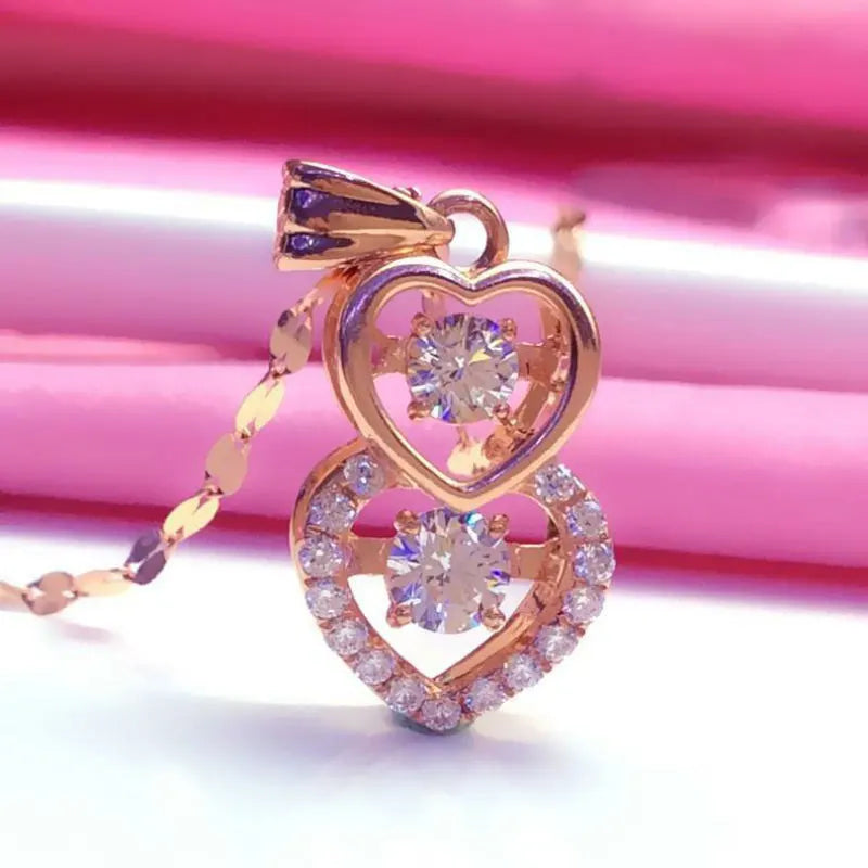 Romantic Double Heart Pendant Rose Crystal Necklace