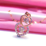Romantic Double Heart Pendant Rose Crystal Necklace