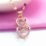 Romantic Double Heart Pendant Rose Crystal Necklace