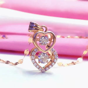 Romantic Double Heart Pendant Rose Crystal Necklace