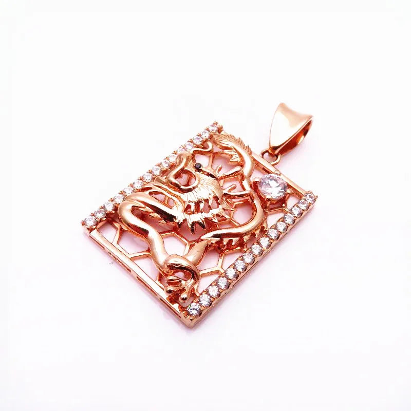 14K Rose Gold Plated Square Dragon Necklace Hollow Crystal Classic Jewelry