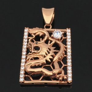 14K Rose Gold Plated Square Dragon Necklace Hollow Crystal Classic Jewelry