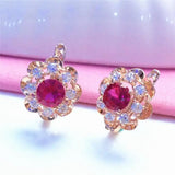 Purple Crystal Ruby Flower Earrings 14K Rose Gold Sweet Style Engagement Party J