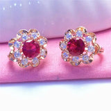 Purple Crystal Ruby Flower Earrings 14K Rose Gold Sweet Style Engagement Party J