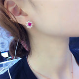 Purple Crystal Ruby Flower Earrings 14K Rose Gold Sweet Style Engagement Party J