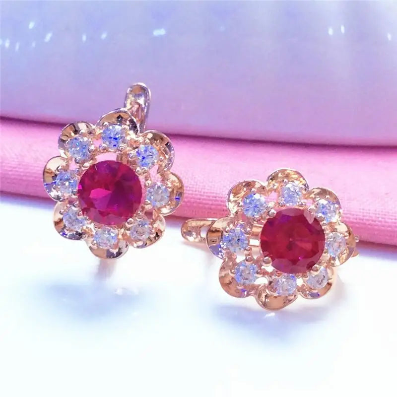 Purple Crystal Ruby Flower Earrings 14K Rose Gold Sweet Style Engagement Party J