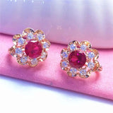 Purple Crystal Ruby Flower Earrings 14K Rose Gold Sweet Style Engagement Party J