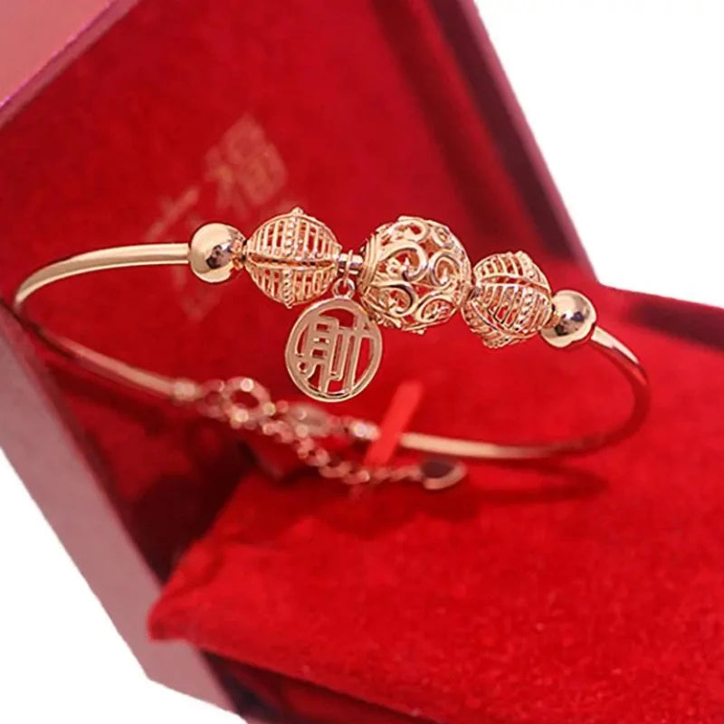 Purple Bead Cai Pendant Bracelet 14K Rose Plated Charm Jewelry