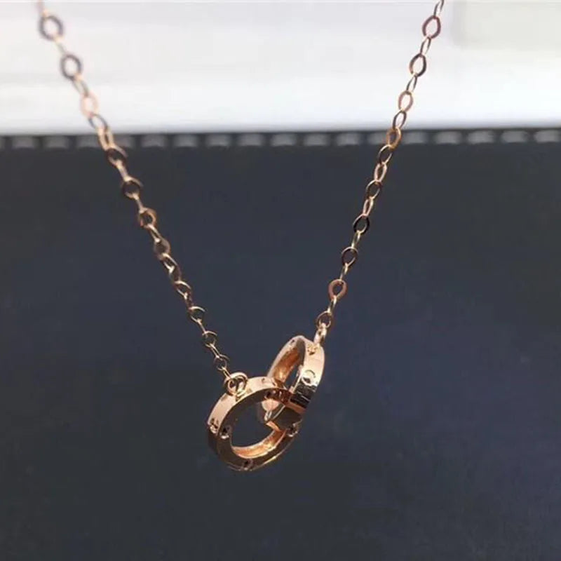14K Rose Double Ring Necklace Pendant Chain Classic Jewelry Gift for Girlfriend