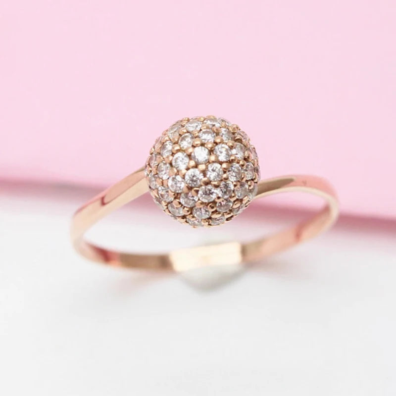 14K Rose Inlay Classic Crystal Ball Bead Rings for Women