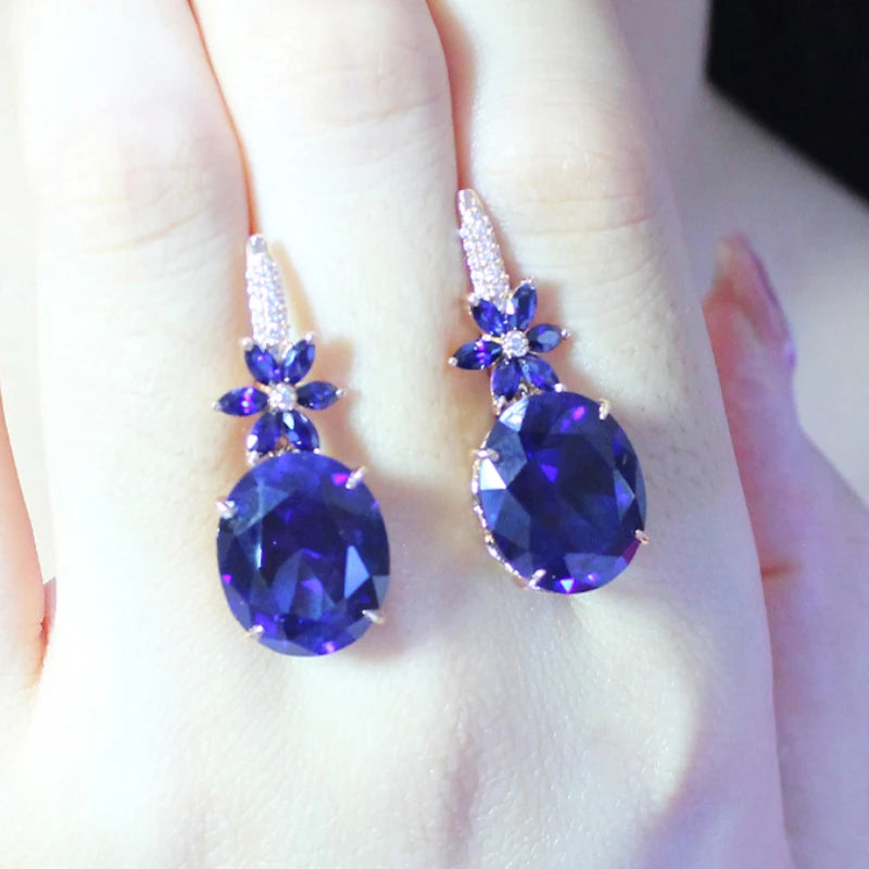 14K Rose Gold Oval Sapphire Flower Earrings