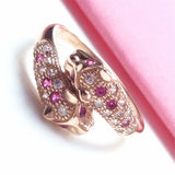 14K Rose Gold Plated Pink Crystal Double Leopard Head Rings