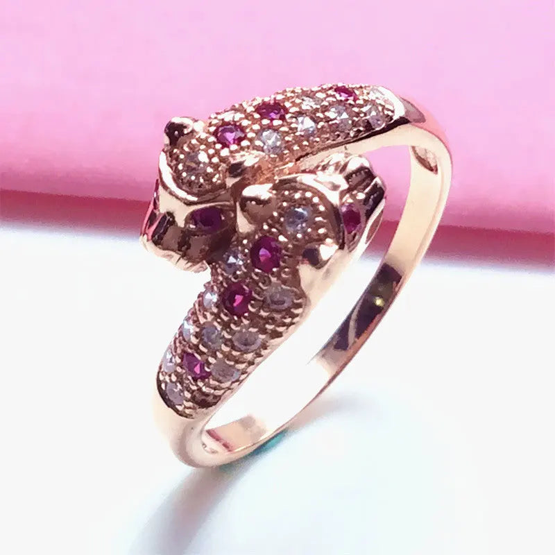 14K Rose Gold Plated Pink Crystal Double Leopard Head Rings