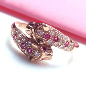14K Rose Gold Plated Pink Crystal Double Leopard Head Rings