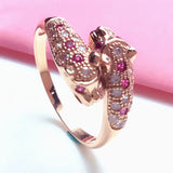 14K Rose Gold Plated Pink Crystal Double Leopard Head Rings