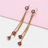Purple 14K Rose Red Gem Tassel Earrings Long Chain Jewelry