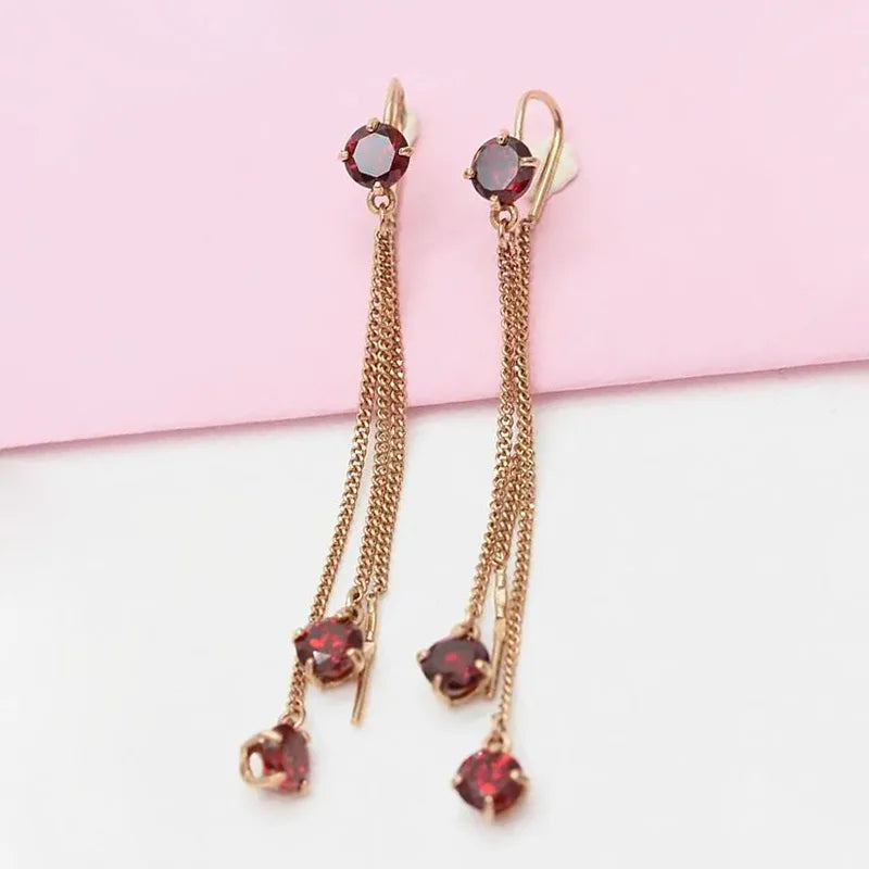 Purple 14K Rose Red Gem Tassel Earrings Long Chain Jewelry