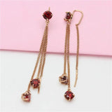Purple 14K Rose Red Gem Tassel Earrings Long Chain Jewelry