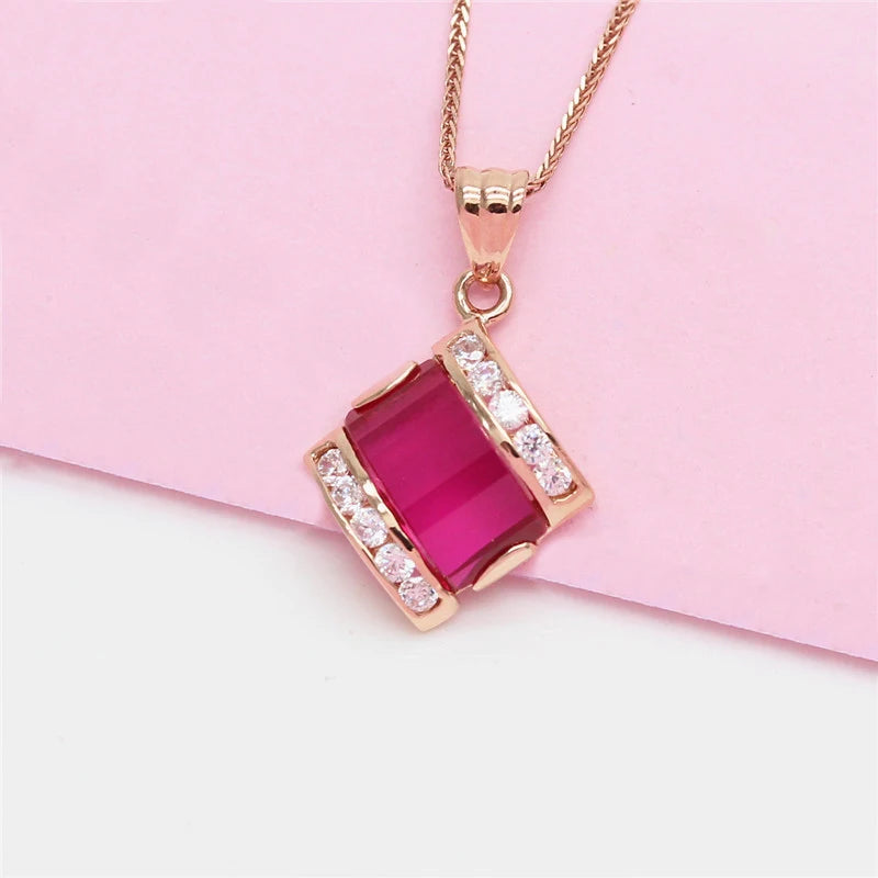 14K Rose Gold Ruby Crystal Geometric Necklace for Women