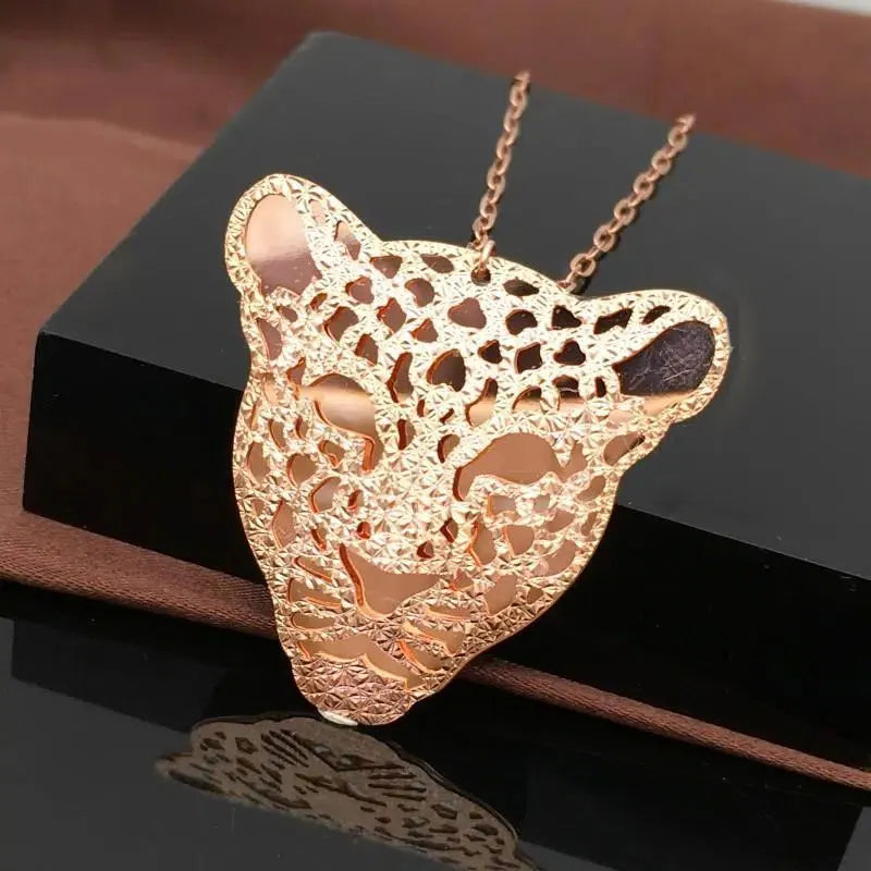 14K Rose Leopard's Head Pendant Necklace Party Jewelry