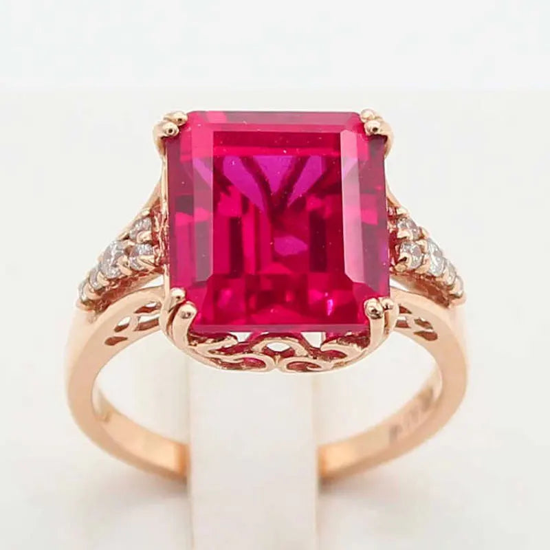 14K Rose Square Red Gem Ring Court Style Square Jewelry