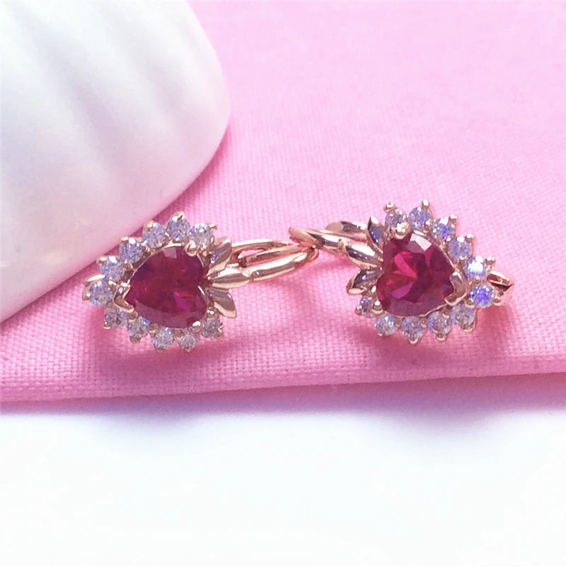 Red Gem Heart Shaped Rose Earrings for Women