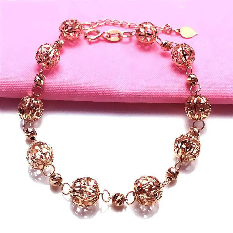 14k Rose Hollow Out Round Beads Bracelets for Women Charm Jewelry