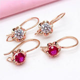 Purple Red Crystal Flower Earrings 14K Rose Plated Inlaid Gemstone