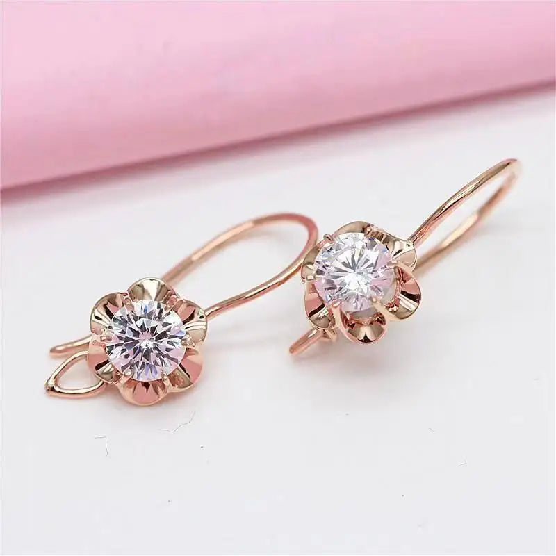 Purple Red Crystal Flower Earrings 14K Rose Plated Inlaid Gemstone