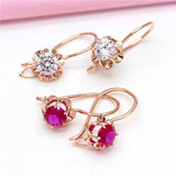Purple Red Crystal Flower Earrings 14K Rose Plated Inlaid Gemstone
