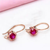 Purple Red Crystal Flower Earrings 14K Rose Plated Inlaid Gemstone