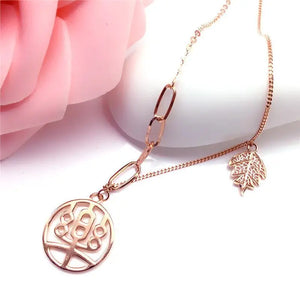 Purple Round Vintage Leaf Chain Pendant Necklace 14K Rose Chinese Style