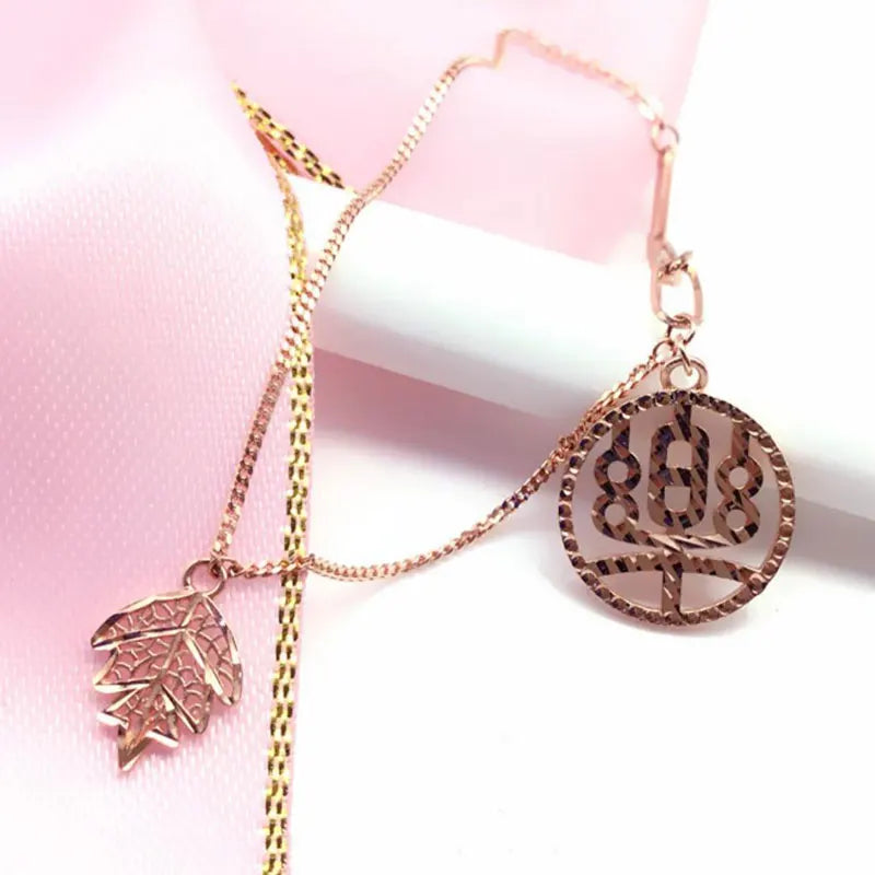 Purple Round Vintage Le Word Leaf Chain Pendant Necklace 14K Rose Chinese Style