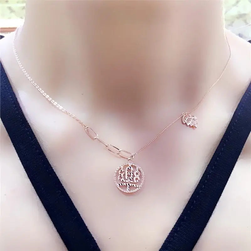 Purple Round Vintage Leaf Chain Pendant Necklace 14K Rose Chinese Style