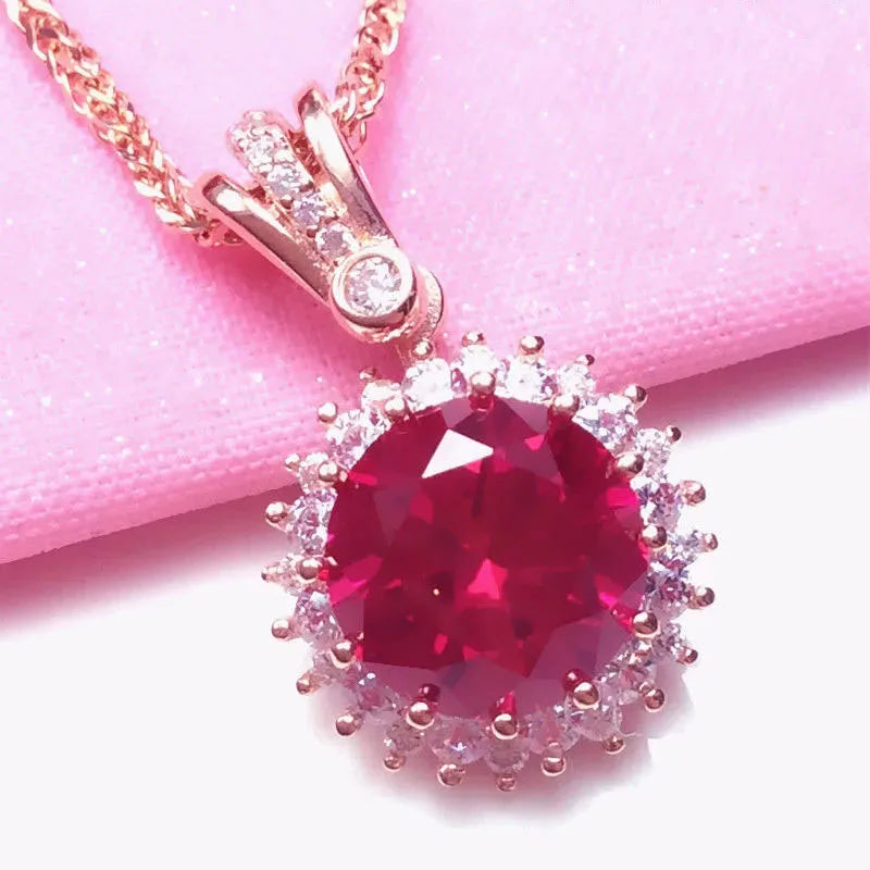 Purple Ruby Flower Necklace 14K Rose Pendant Wedding Jewelry