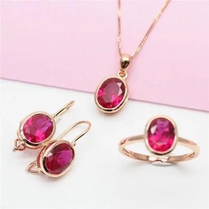 Purple Ruby Set 14K Rose Oval Ring Earring Necklace