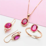 Purple Ruby 14K Rose Jewelry Set Oval Ring Earring Necklace