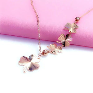 Romantic 14K Rose Plated Three Leaf Flower Necklace