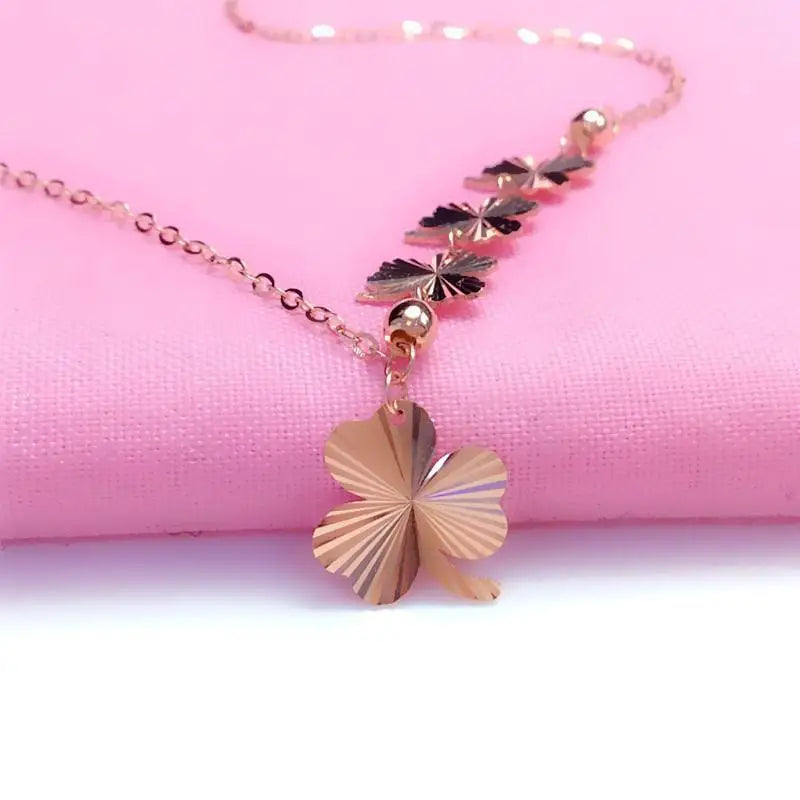 Romantic 14K Rose Plated Three Leaf Flower Necklace