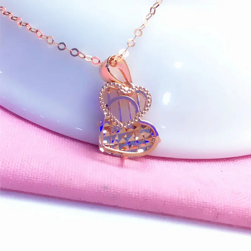 Rose Romantic Love Necklace 14K Rose Double Heart Pendant Jewelry