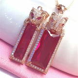 Purple Crystal Ruby Leopard's Head Pendant Necklace 14k Rose Charm