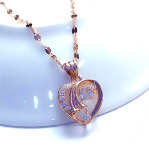 14K Rose Gold Hollow Heart Necklace with Purple Crystal for Women